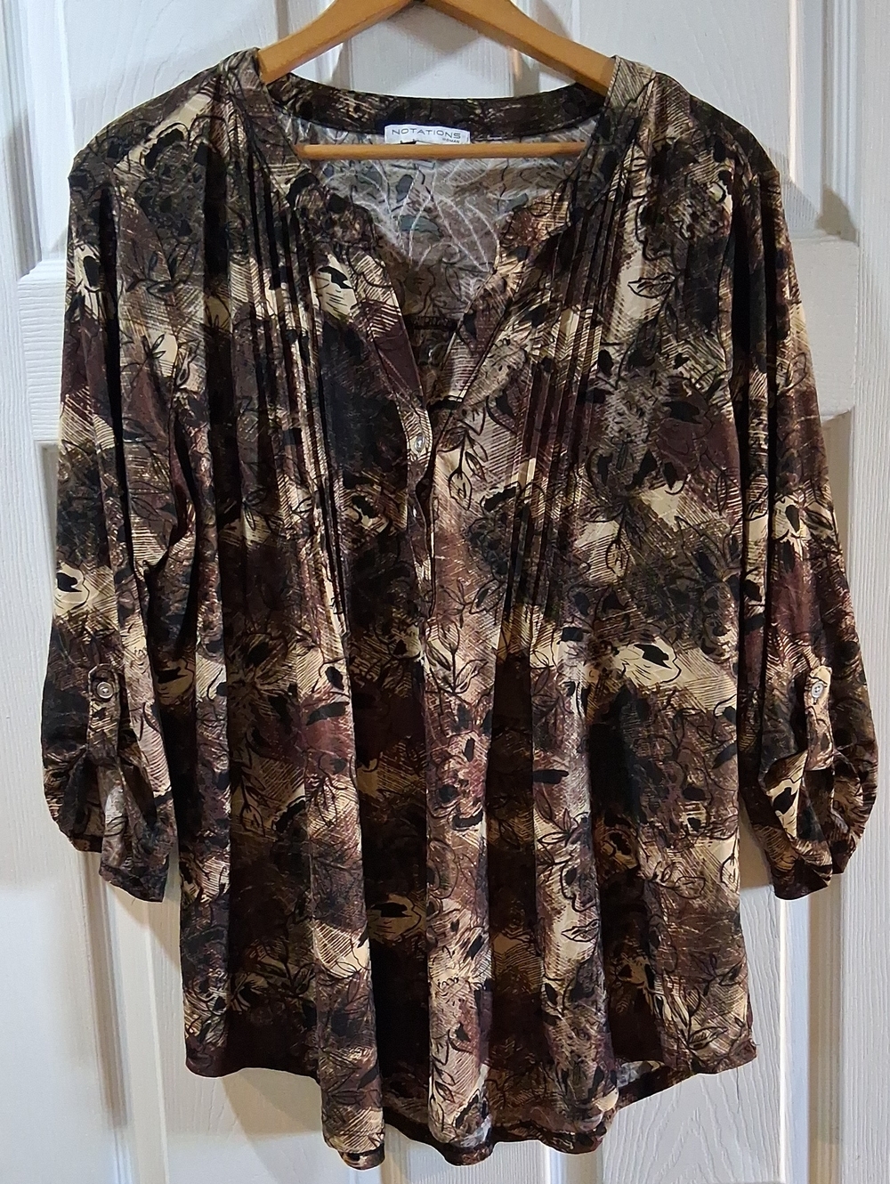 Notations Brown Floral Pintuck Blouse - Brown Stretchy